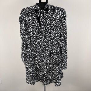 NWT Scoop Black White Floral Tie Neck Mini Dress Size L 12-14 Long Sleeve